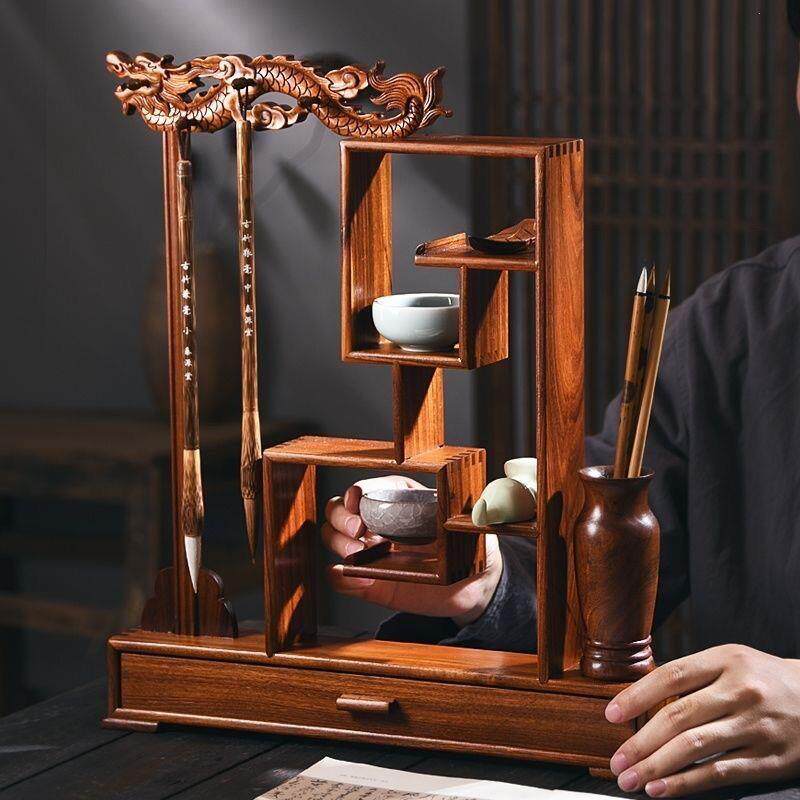 多功能实木祥龙笔架博古