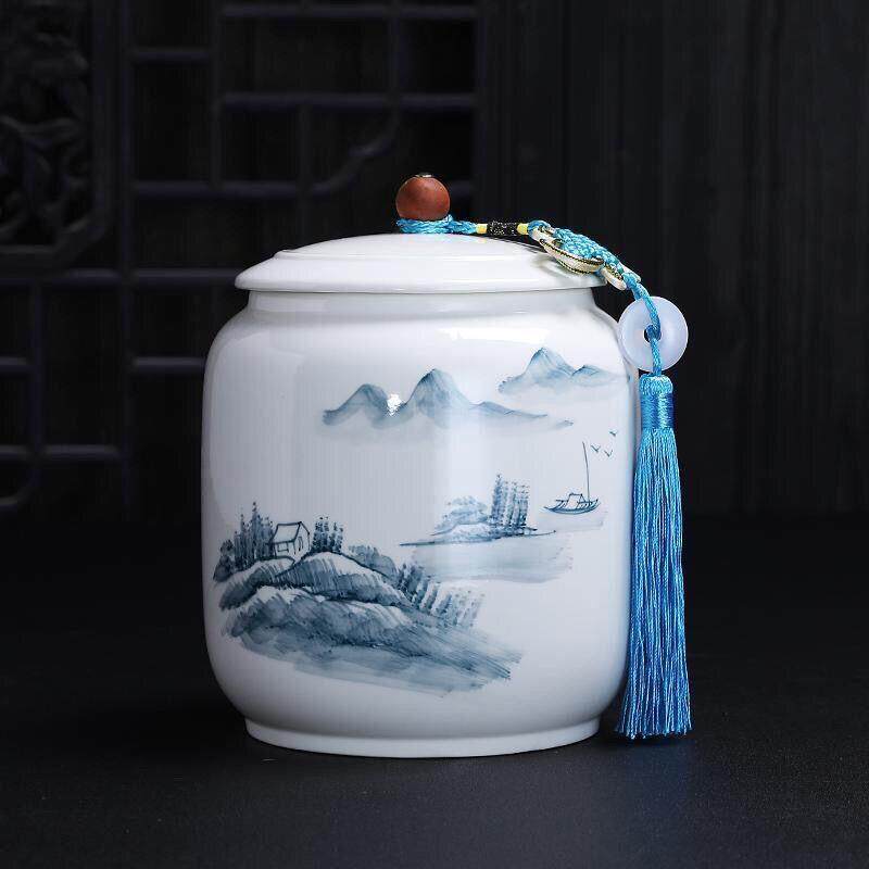 手绘山水茶叶罐超大号白