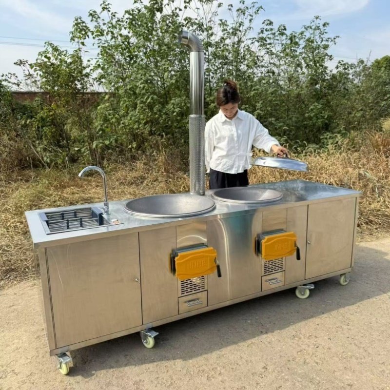 农村柴火灶家用新款加厚304不锈钢户外可移动双灶带橱柜大灶台