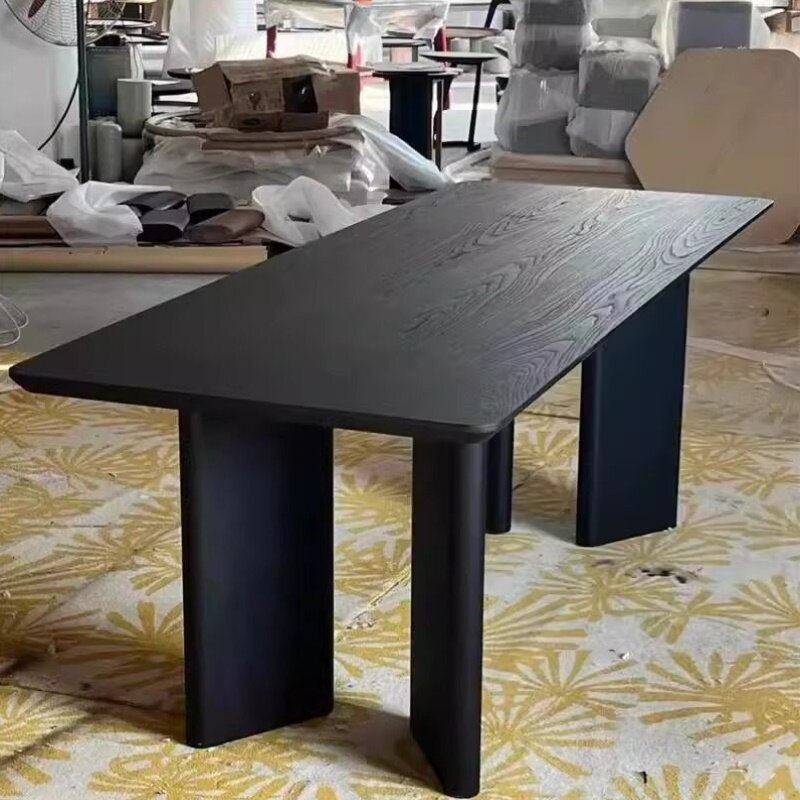 北欧实木餐桌白蜡木客厅黑色长桌设计师长方形办公桌侘寂风会议桌