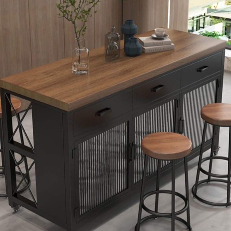 可移动中岛台柜单独料理餐边桌小户型家用定制开放式厨房吧台隔断