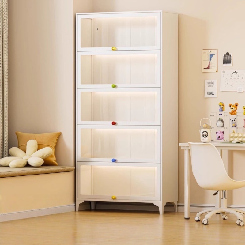 钢制玻璃门收纳柜上翻门置物柜家用防尘储物柜展示柜零食收纳架子