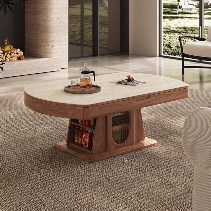 智能升降茶几餐桌两用客厅小户型客厅家用中古风岩板可伸缩变圆桌