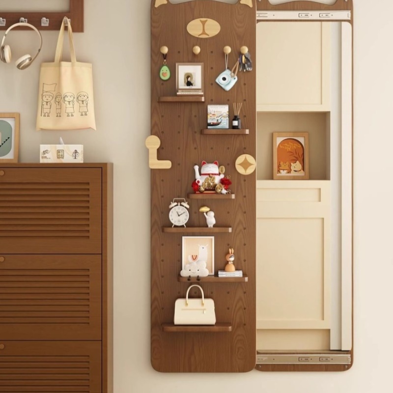 实木洞洞板衣帽架隐藏式推拉全身镜家用可关闭壁挂墙玄关试衣镜子