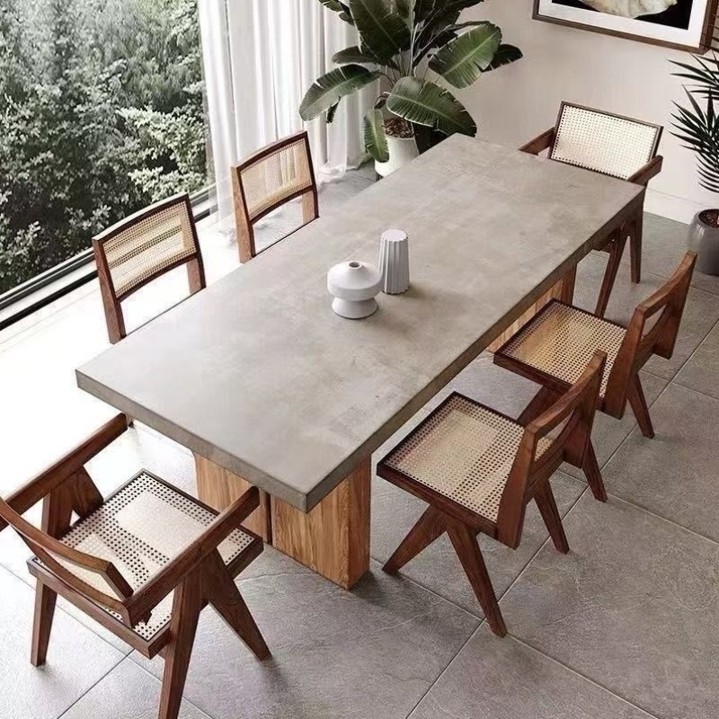 北欧复古实木长条桌会议桌设计师办公桌书桌仿水泥色简约原木餐桌