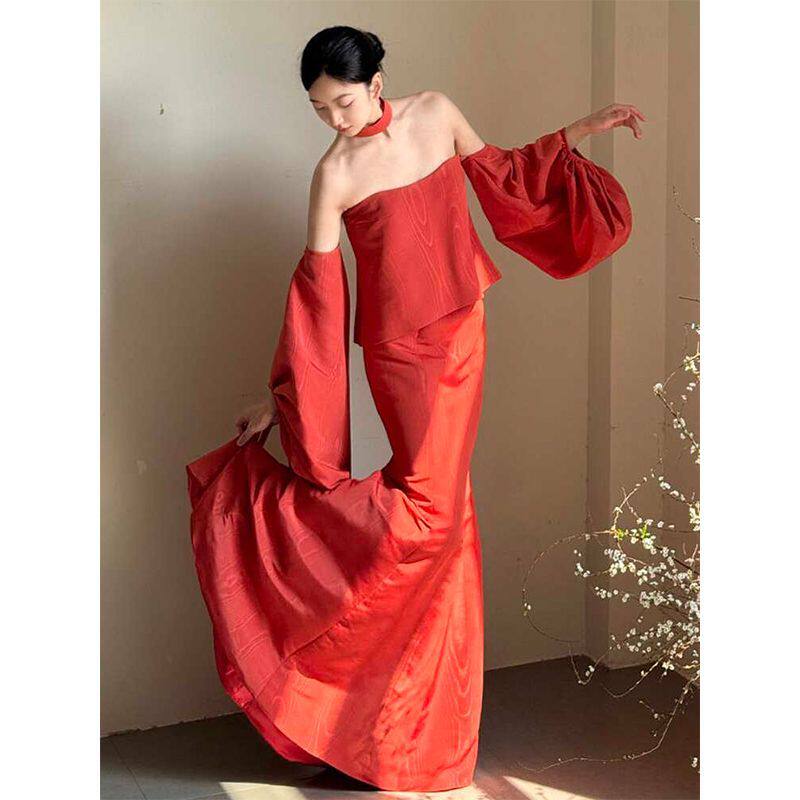 新中式晨袍女抹胸新娘复古小众轻奢订婚礼服裙鱼尾显瘦红色敬酒服