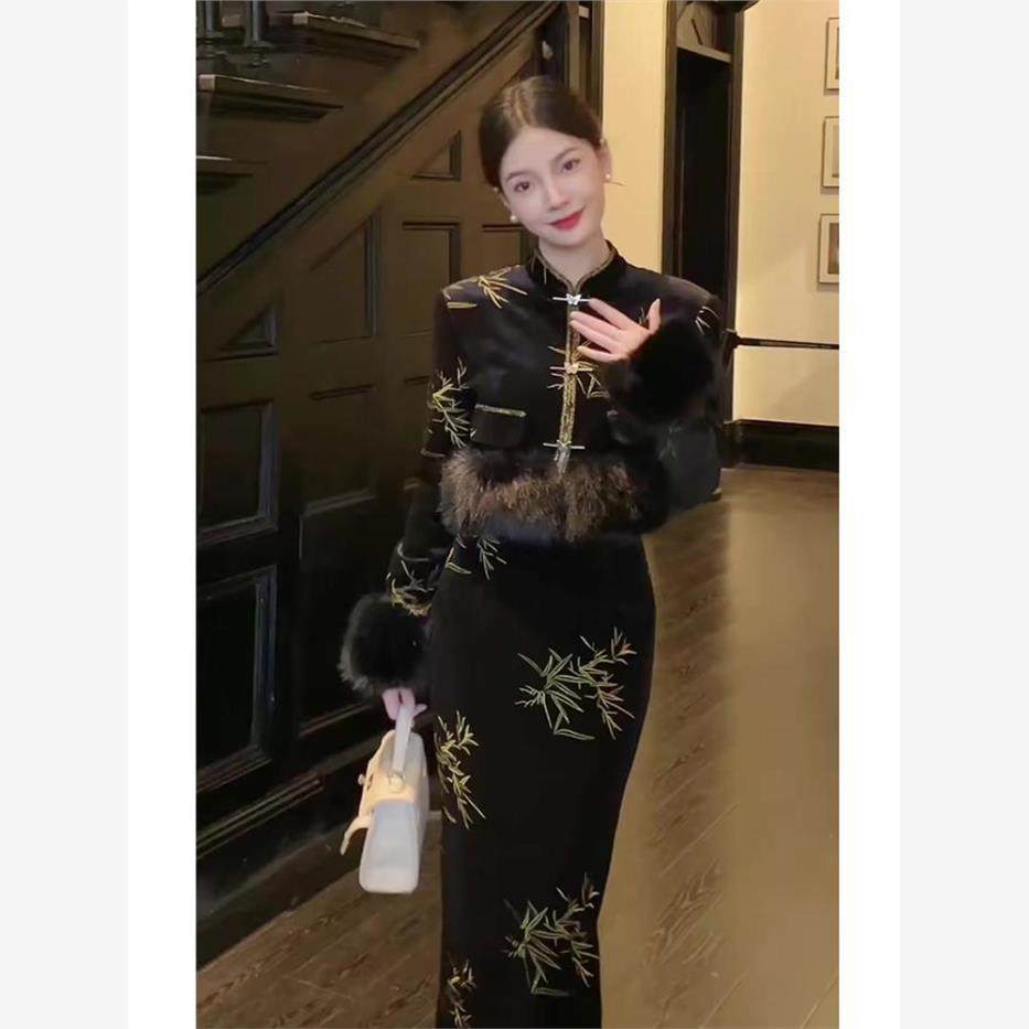 加绒加厚冬装搭配一整套小香风大气女装新中式国风外套半身裙套装