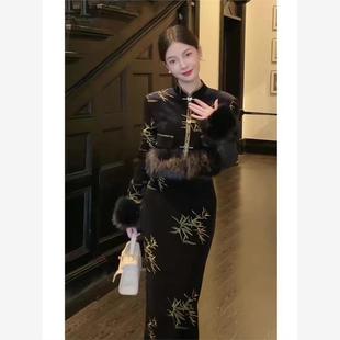 加绒加厚冬装搭配一整套小香风大气女装新中式国风外套半身裙套装