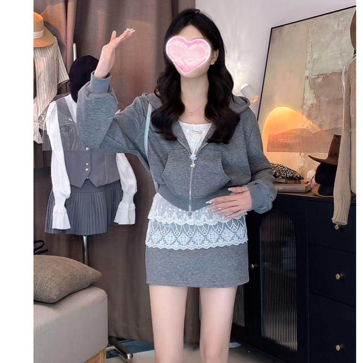 新款纯欲风秋冬显瘦时尚休闲套装蕾丝打底衫背心短款卫衣外套短裙