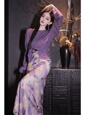 茶系穿搭一整套御姐气质女神范高端精致风情万种紫色印花连衣裙夏