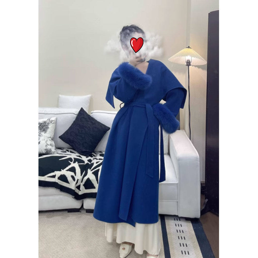 2024冬季新款高端女大翻领修身长款袖口仿皮草毛袖高级感毛呢大衣