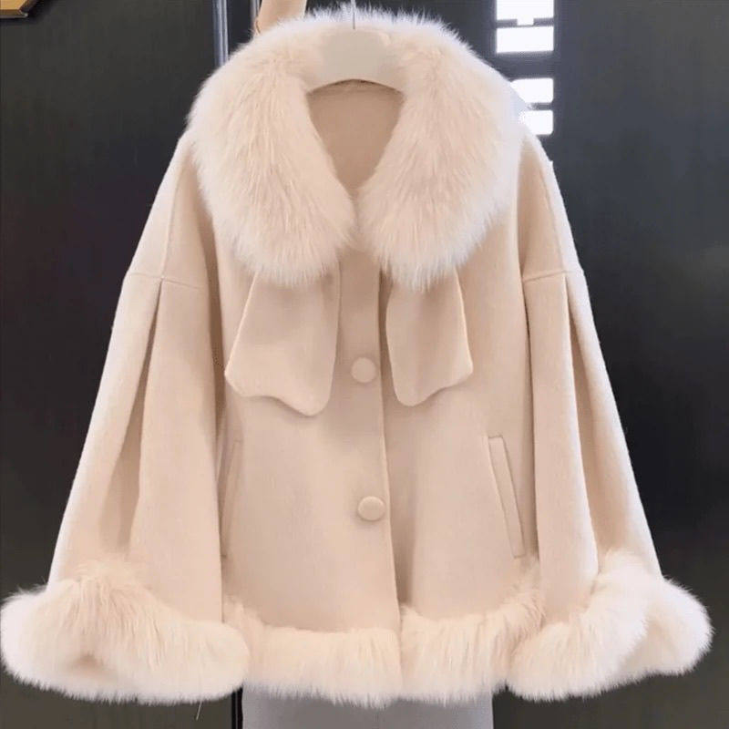 2024冬季新款仿狐狸毛领甜美气质斗篷双面呢大衣毛呢外套女呢子