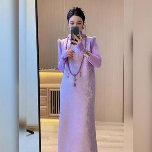 加绒加厚新中式女装今年流行漂亮套装裙紫色国风旗袍背心裙两件套
