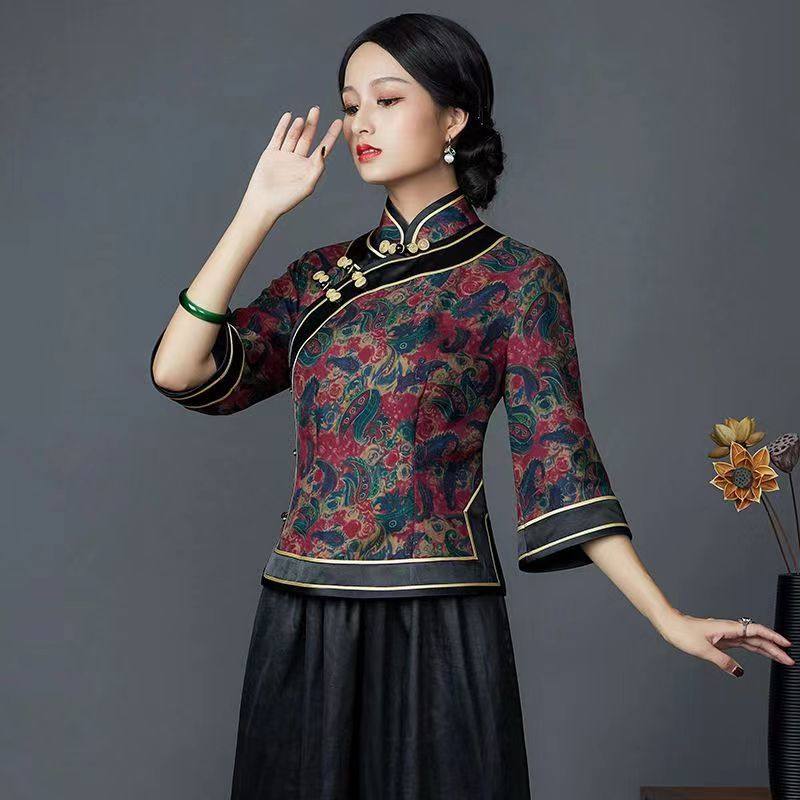 2024新款经典仿香云纱妈妈唐装女秋装七分袖民国风盘扣旗袍上衣