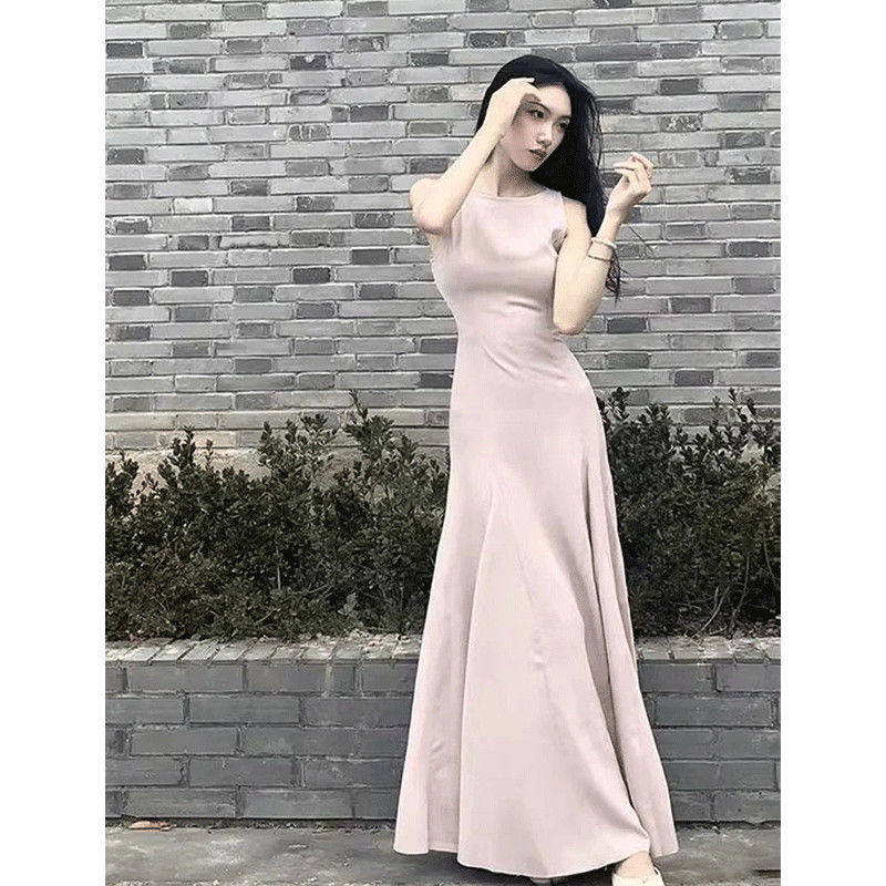 2025年夏季新款小个子收腰超仙无袖裙子女法式气质粉色背心连衣裙