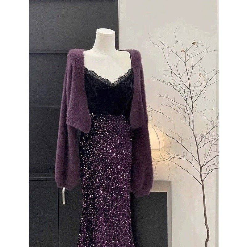 2025年秋款女装高级感洋气时尚紫色外套亮片半身裙年会套装女秋冬