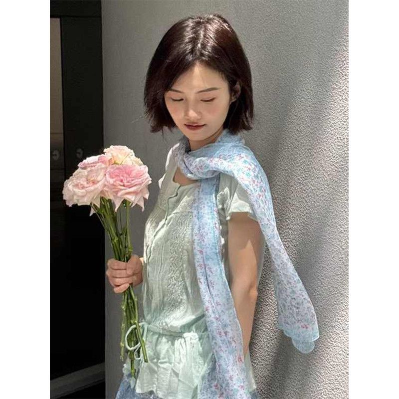 森系田园风浅蓝碎花薄款
