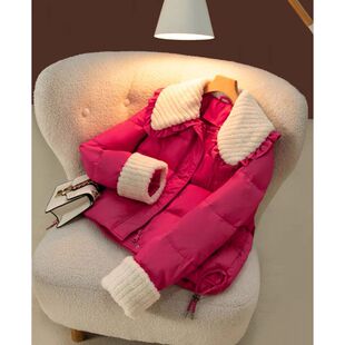 羽绒服女短款加厚款娃娃领大翻领宽松版2024冬新款小个子枚红外套