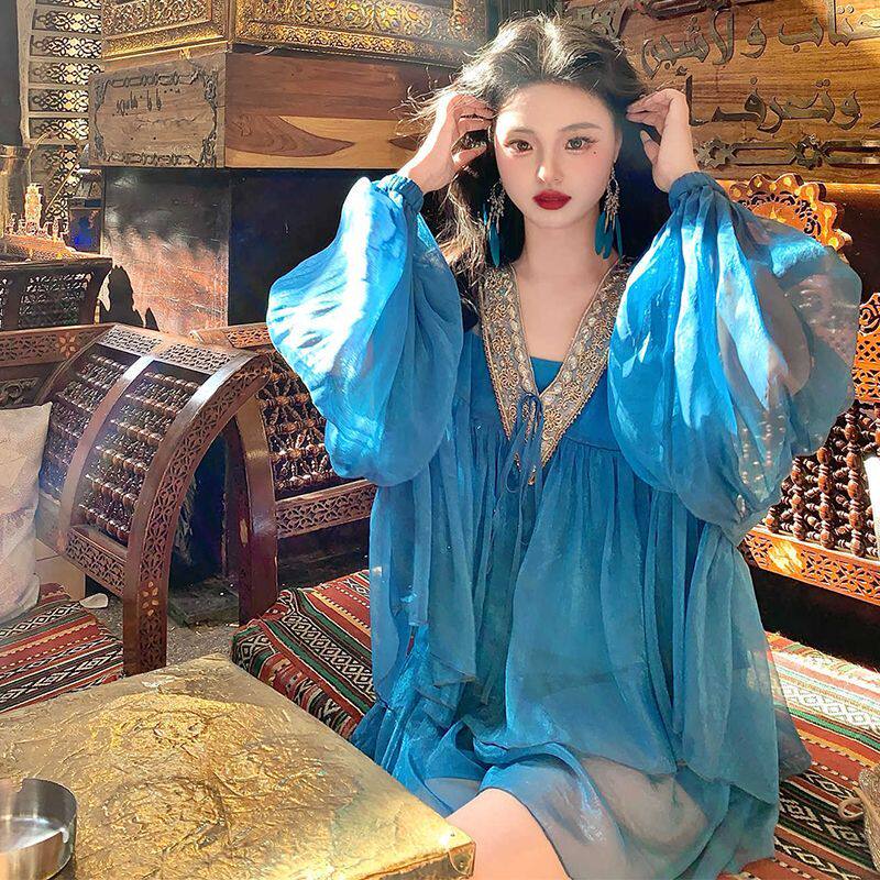 蓝色异域宽松遮肉衬衫半