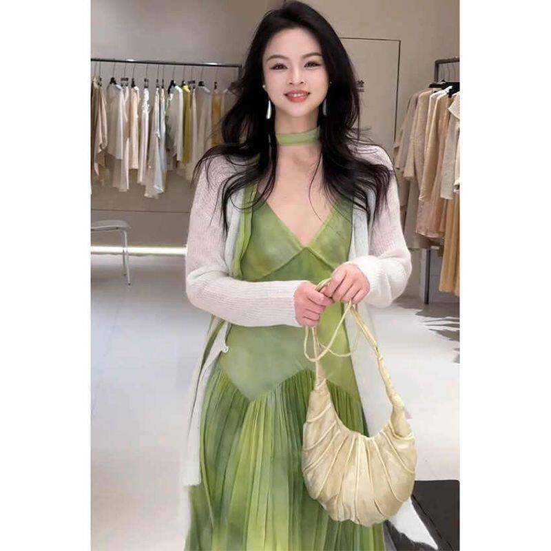 2025春装新款法式气质高级感多巴胺绝美绿色吊带连衣裙开衫套装女