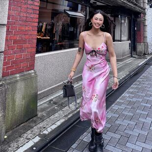 欧美法式复古V领低胸长裙女新款夏日优雅印花吊带包臀连衣裙