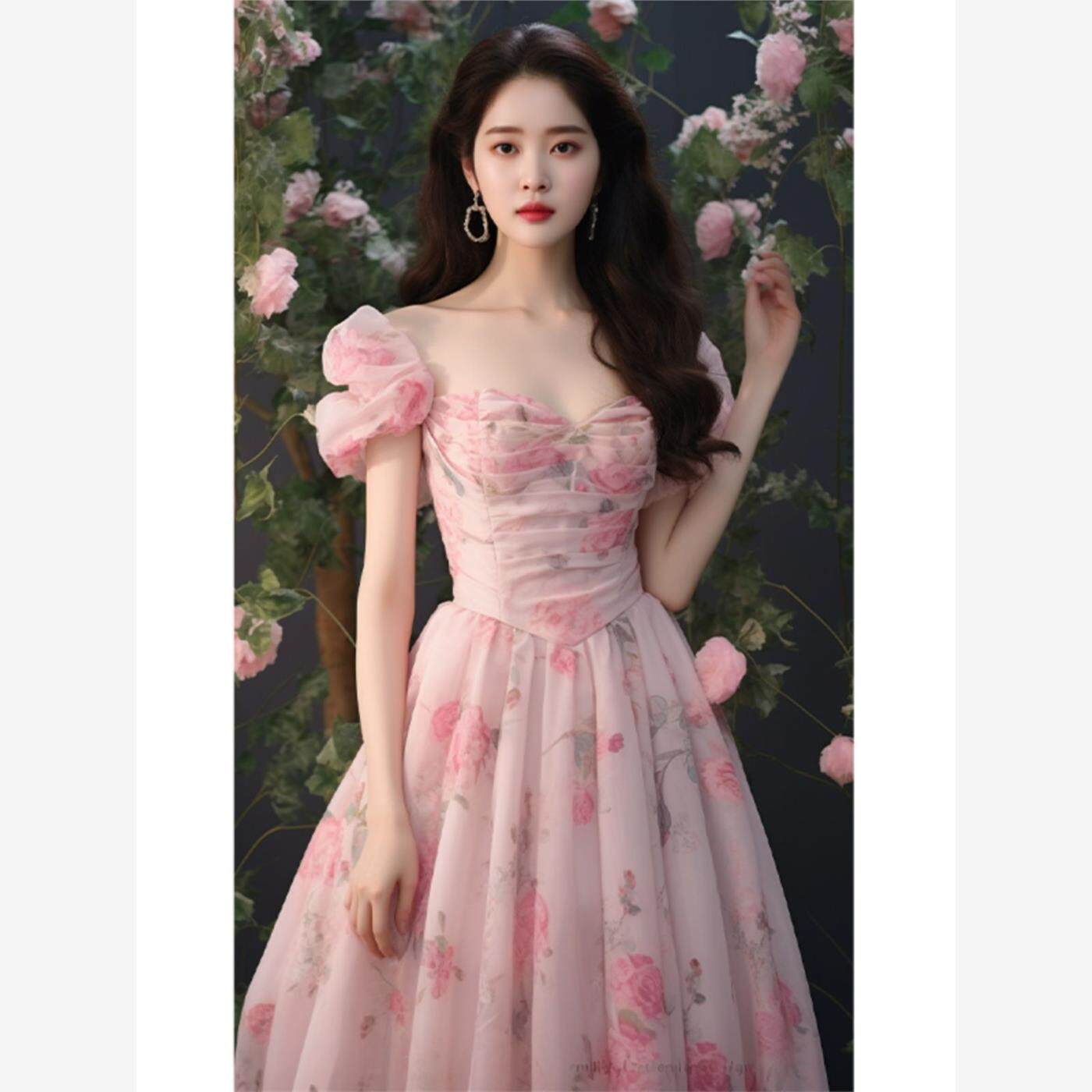 法式别致绝美小香风高端精致收腰气质粉色碎花连衣裙女夏季公主裙