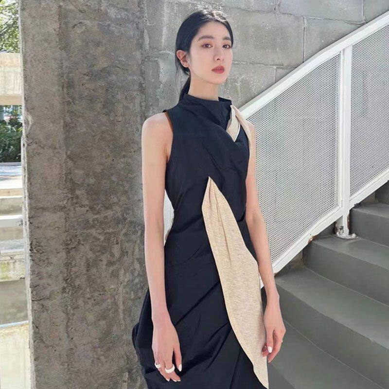 时尚穿搭连衣裙夏装新款女轻奢女神范小众设计交叉拼色轻礼服