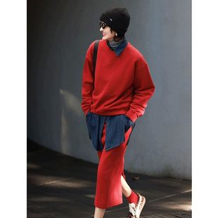 红色休闲卫衣运动套装女2025秋冬圆领长袖衫搭配半身裙两件套