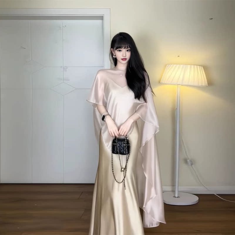 正式场合气质裙子名媛高级感吊带长裙独特别致超好看罩衫早套装