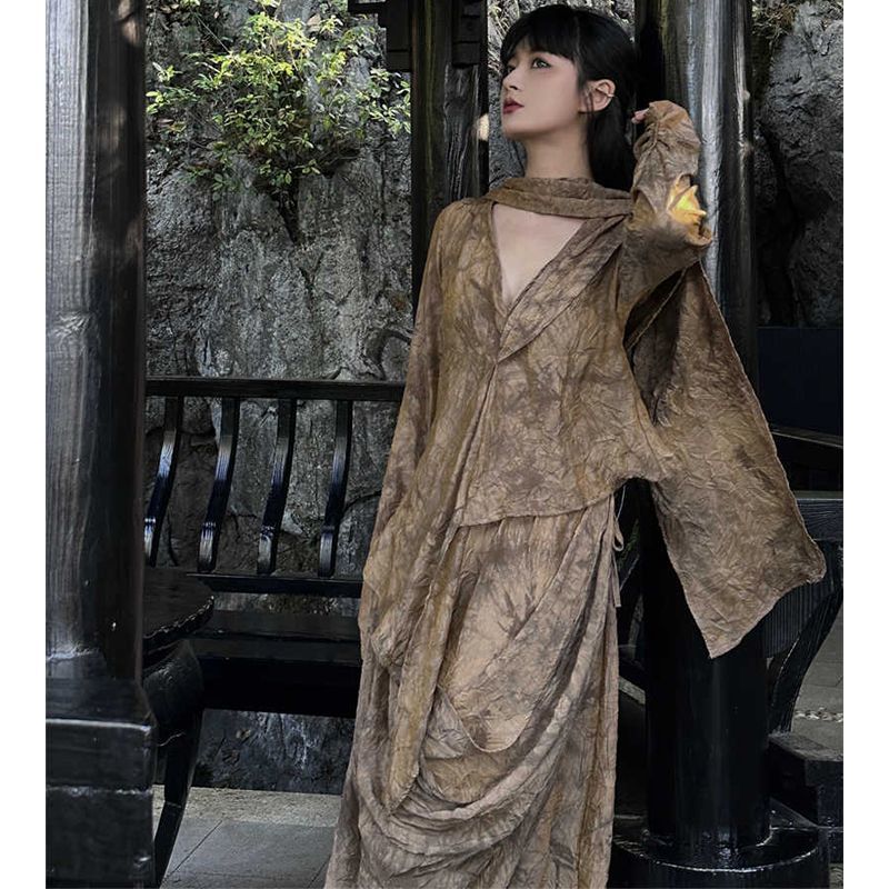 新中式 枫叶清冷仙女小众设计褶皱气质复古上衣半身裙套装