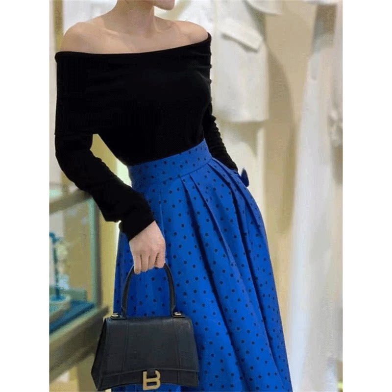 法式优雅赫本风克莱因蓝连衣裙子女套装高端精致气质小香长裙秋季