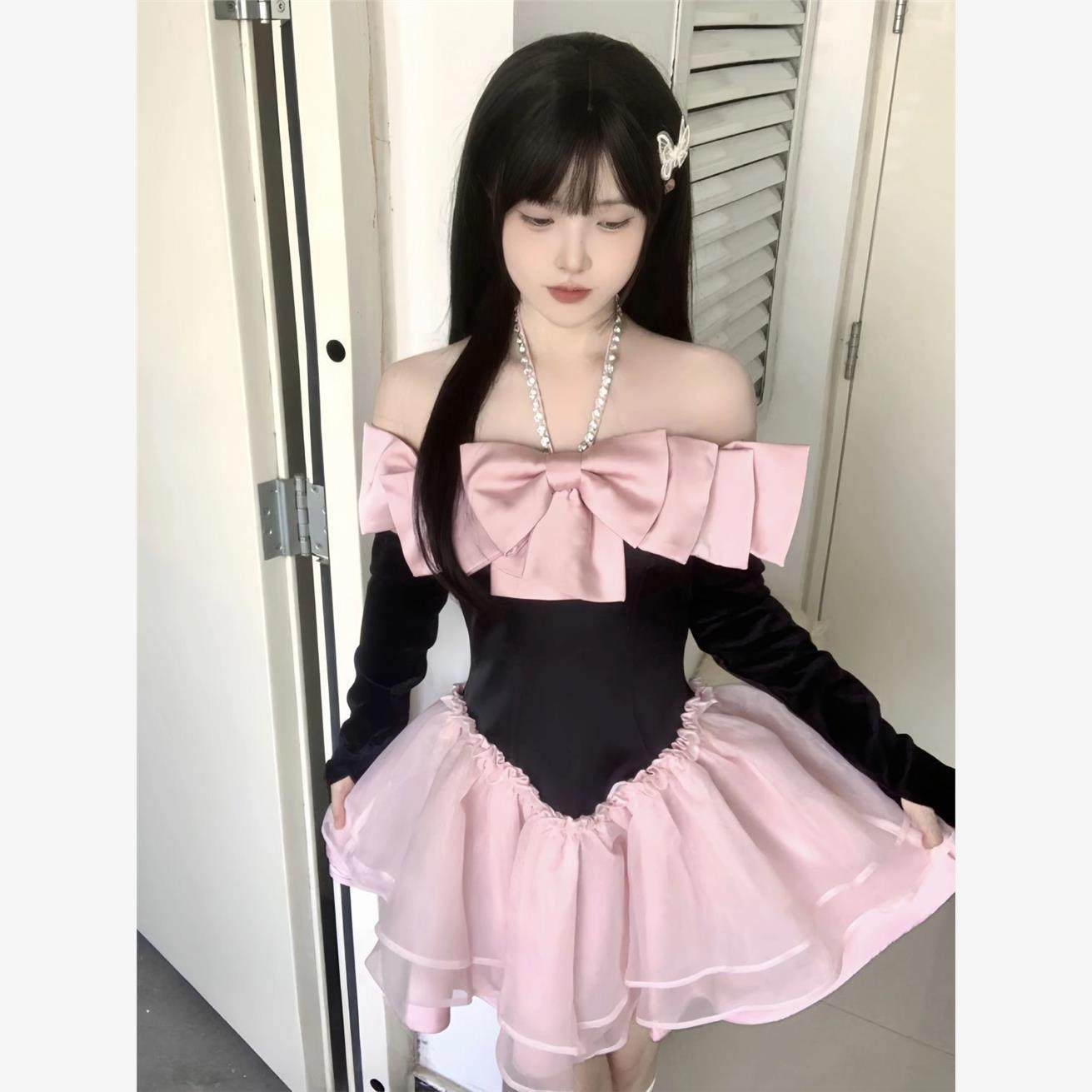 法式蝴蝶结连衣裙女一字
