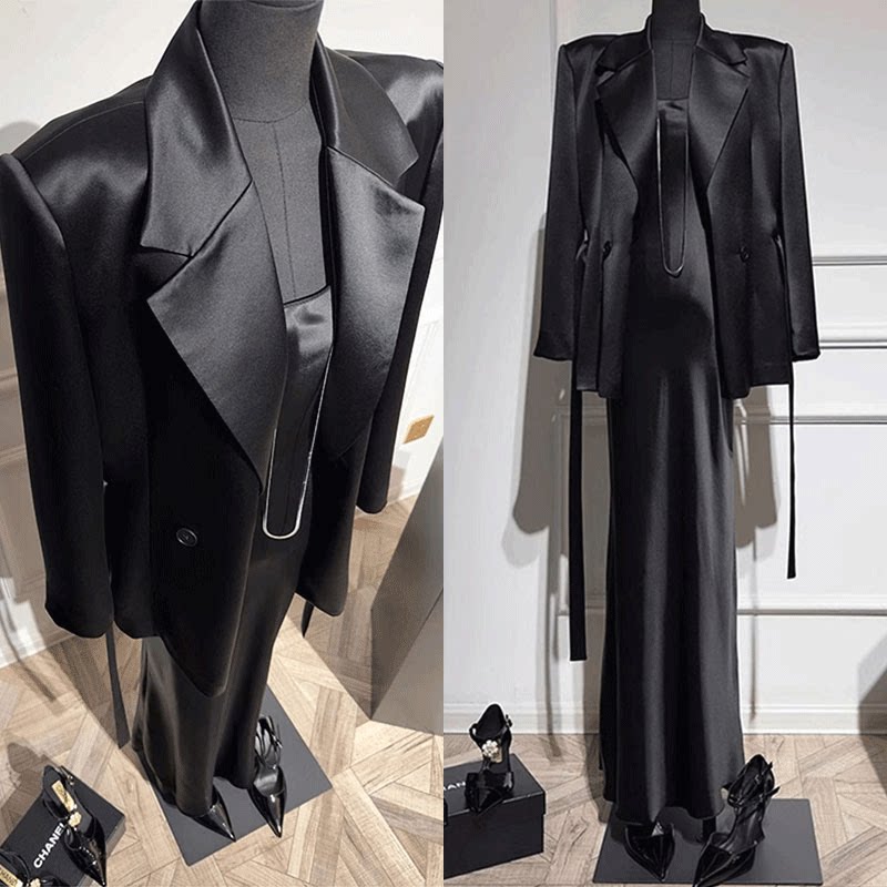 秋季轻奢高级感轻职场醋酸缎面黑色西装外套连衣裙两件套女装套装