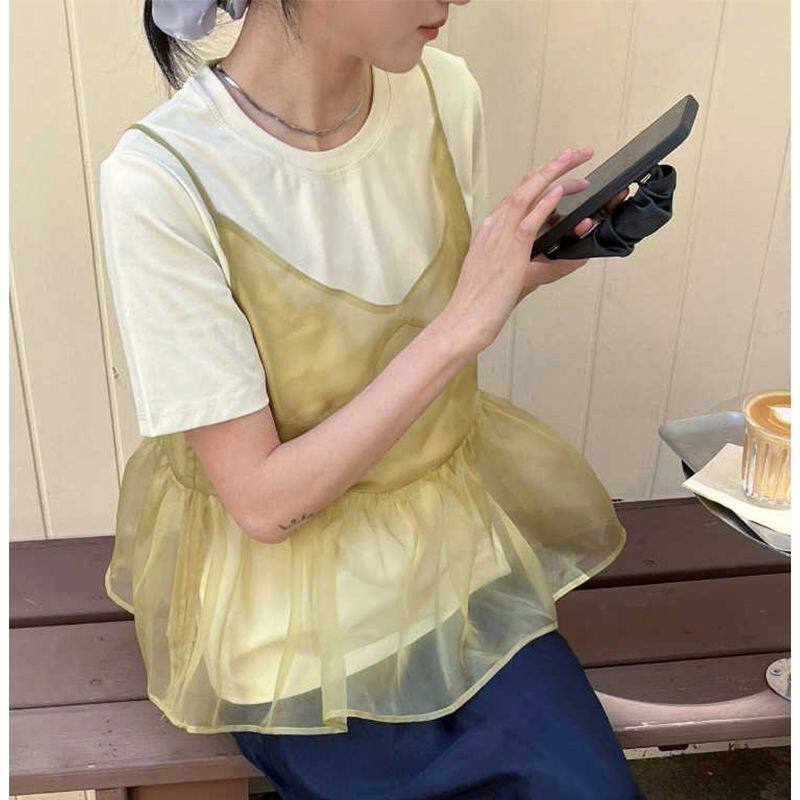 韩系黄色蓬蓬网纱吊带裙