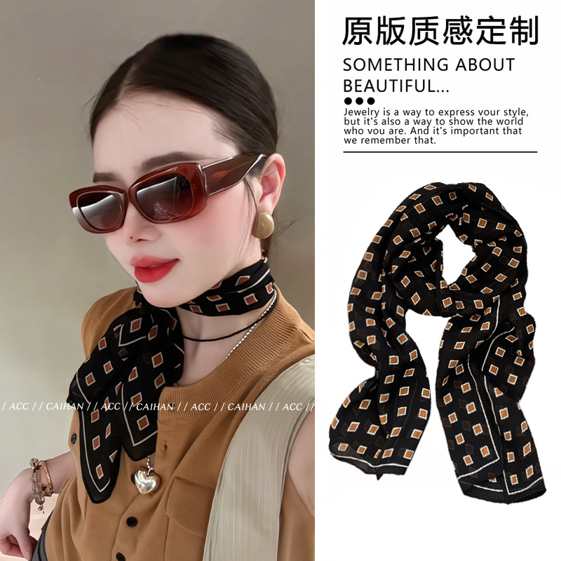 服饰多件套!曼丽小姐~韩系绒雪纺丝巾女轻薄格纹法式波点围巾腰