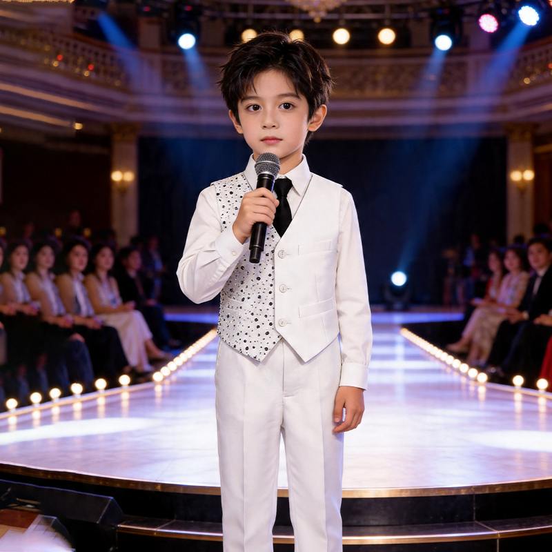 镶钻男童白色马甲套装六一小主持少年舞台晚会礼服西服钢琴演出服