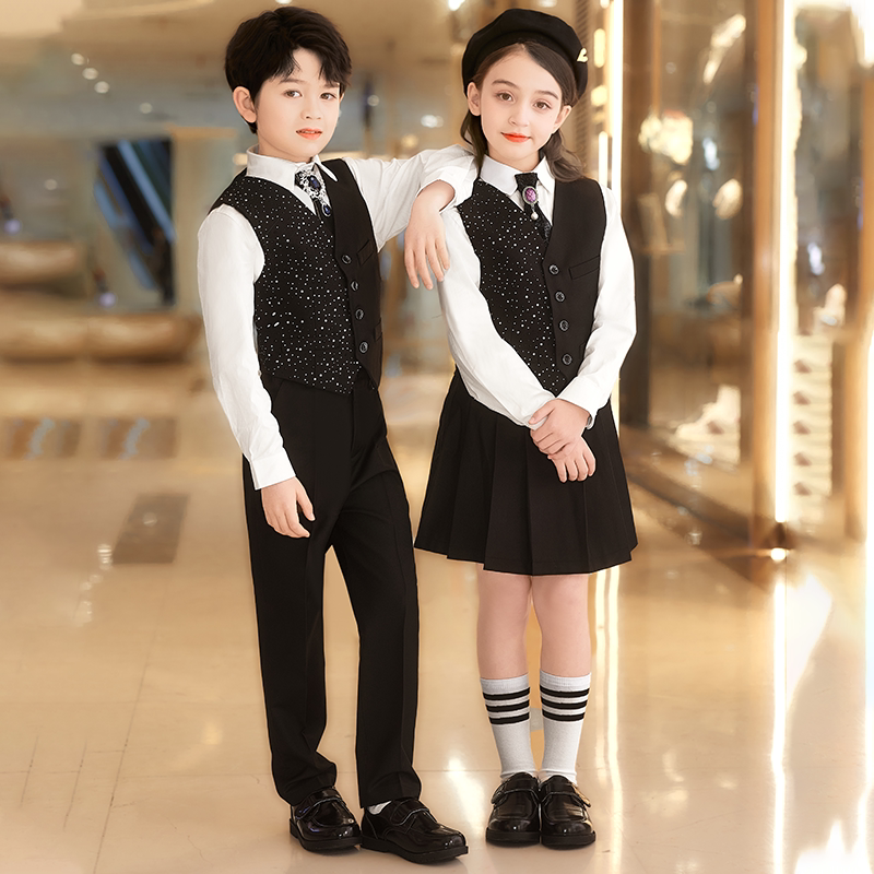 黑色儿童合唱演出服英伦风学院风马甲校服园服夏季衬衫小学生礼服