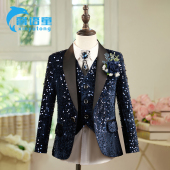 藏青亮片男童西装 套装 马甲小主持人礼服钢琴演出儿童舞台走秀西服