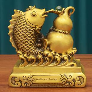 铜鱼铜葫芦鱼王家财双鲤鱼吐珠纯黄全铜财电视柜装饰摆件