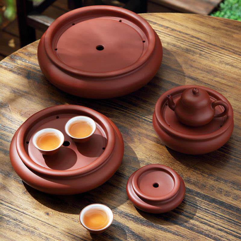 潮州手拉紫砂茶船壶承朱泥工夫茶盘圆形大号10寸家用茶台蓄水茶海