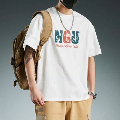 纯棉短袖T恤纯色修身设计感拼接小众高级搞怪男生T恤潮牌透气圆领