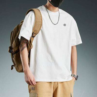 纯棉短袖圆领T恤正肩薄款修身设计感拼接小众混搭藏青色男生T恤