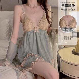 维多利亚玛丽莎性感纯欲网纱睡衣带胸垫蕾丝吊带睡裙薄家居服套装