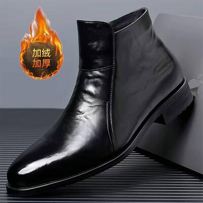 居家日用套装帝尚优选男装振炳男鞋头层牛皮英伦风高筒鞋黑色加绒