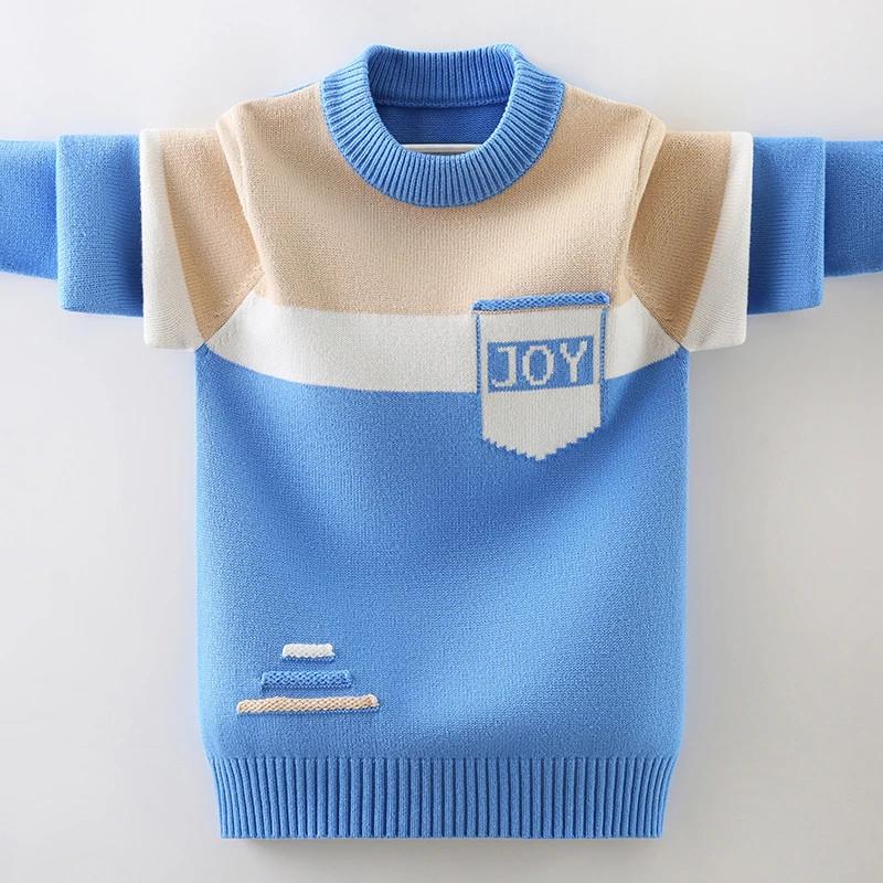 三好童装服饰f男童毛衣秋冬季加绒加厚纯棉中大童字母套头圆领毛