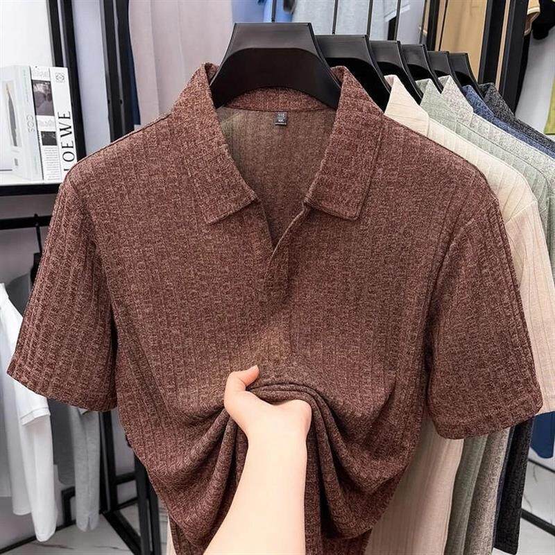 尊梵仕云服装专卖3老钱风剪刀V领薄款短袖polo衫男士夏提花T恤男