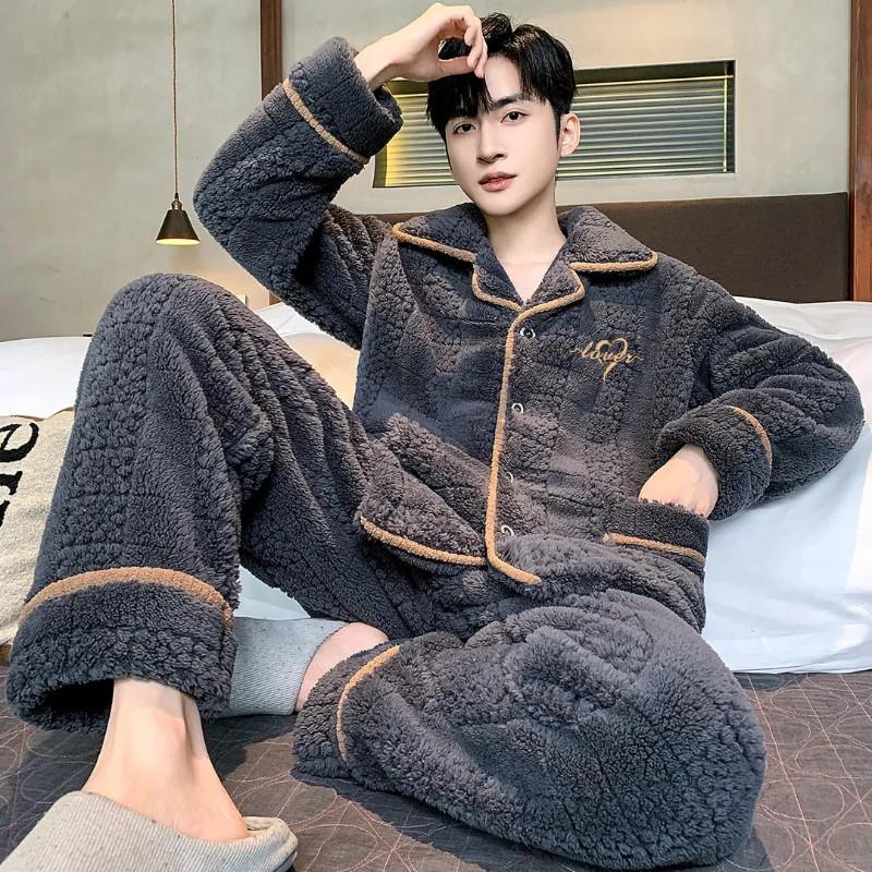 蓝科轻奢睡衣男秋冬款法兰绒加厚C加绒保暖珊瑚绒翻领冬家居服套