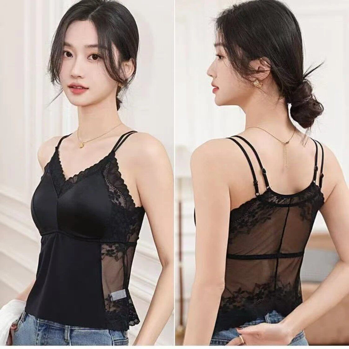 1淼森专卖法式性感蕾丝缎面拼接冰丝吊带背心无痕聚拢打底美背女