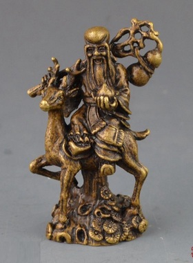 创意古玩杂项骑鹿寿星铜像福禄寿纯铜摆件桌面茶宠茶几摆件摆饰