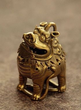 纯黄铜甪端踏蛇迷你小香炉桌面摆件纳福瑞兽檀香熏香炉摆饰小铜器